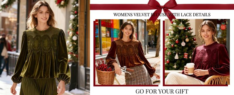 Yeokou Women's Long Sleeve Velvet Trim Lace Blouse Elegant Flared Swing Top Round Neck Casual Wear for Parties Weddings Dinners Office Dates