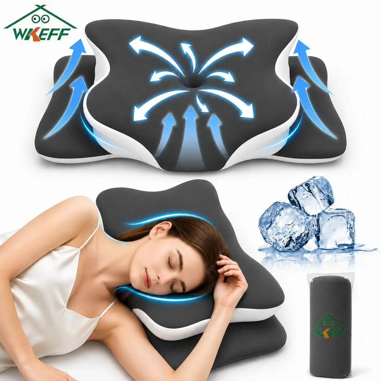 WKEFF Contoured Memory Foam Pillow for Neck Pain Relief, Ergonomic Cervical Support Bed Pillows for Side Back Stomach Sleepers, Orthopedic Contour Sleeping Pillow with Washable Flat Weave Cover, Odorless Cotton Bedding Ergonomic Neck Support Pillow