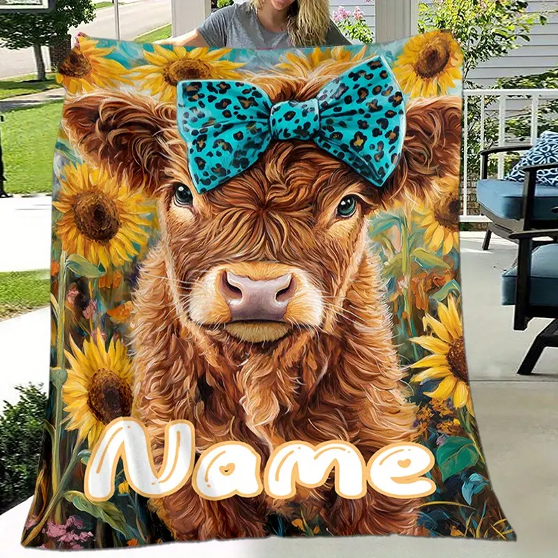 Personalized Custom Name Polyester Knit Flannel Throw Blanket - Cow & Sunflower Digital Print Glam Animal Theme, Soft Warm, 50x76cm(20×30inch)/80×120cm(32×48inch)/100×130cm(40×50inch), All Seasons Gift for Napping, Camping