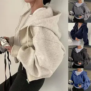2025 Spring Autumn New Insfleece-lined Versatile Cropped Slims Smooths Silhouette Zip-up Warm Navy Blue Hooded Sweatshirt Women Womenswear Asian