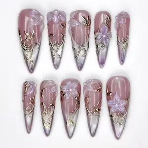 Spring Nude Blossom Pressons Nails | Dusty Mauve Floral Nails | Iridescent 3D Flower Nail Art | Gold Vine Luxury Nail Set