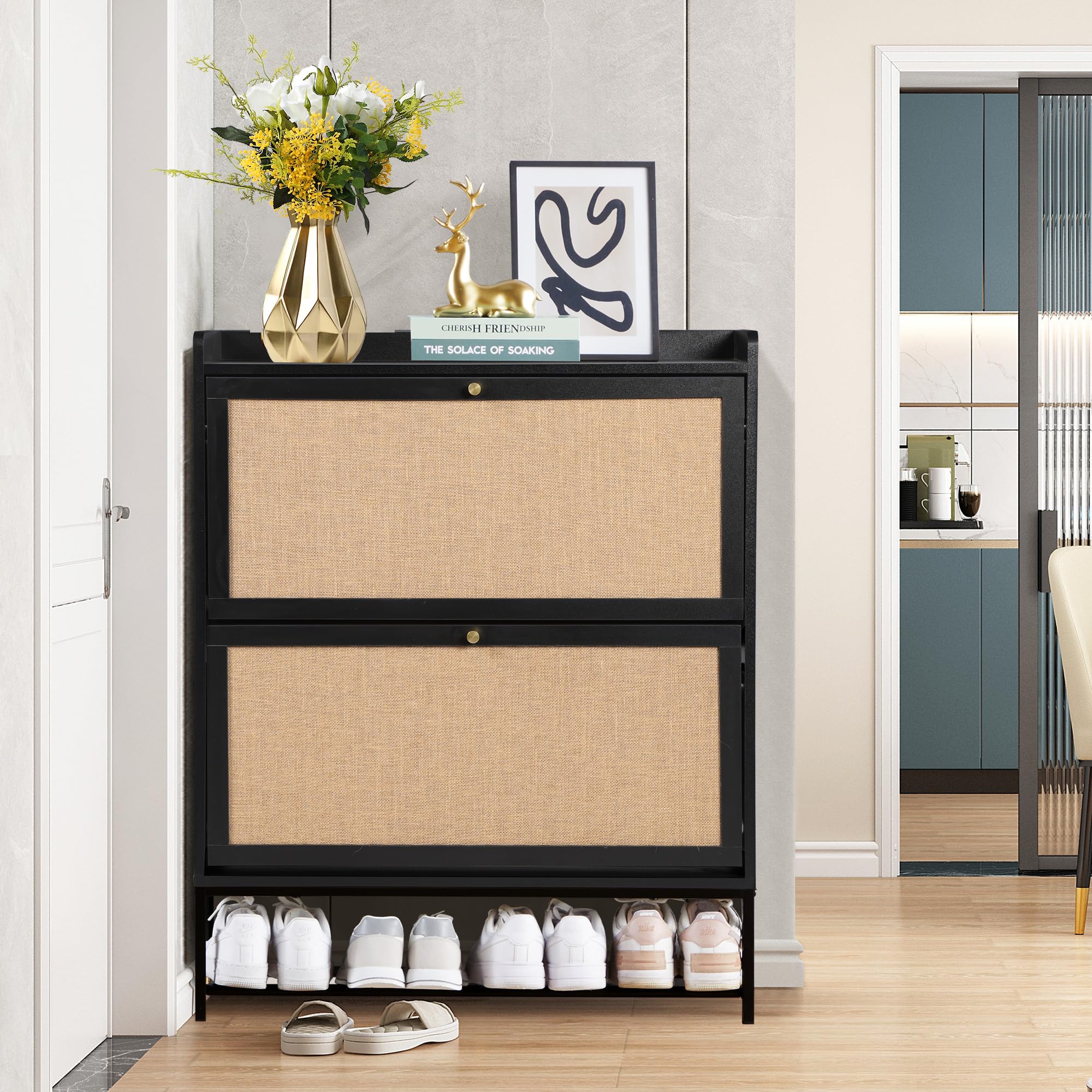 Giratree Shoe Cabinet, Shoe Cabinet Freestanding Tipping Bucket Shoe Rack Organizer with 2 3 4 Flip Drawers, Modern Entryway Narrow Shoe Rack for Entryway, Hallway, Bedroom