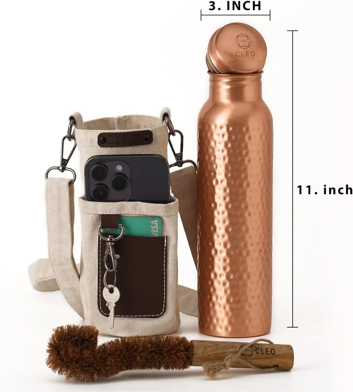 100% Pure Copper Water Bottle for Drinking, Large Hammered Ayurvedic Copper Bottle with Canvas Bag & Cleaning Brush, Leak-Proof Water Vessel