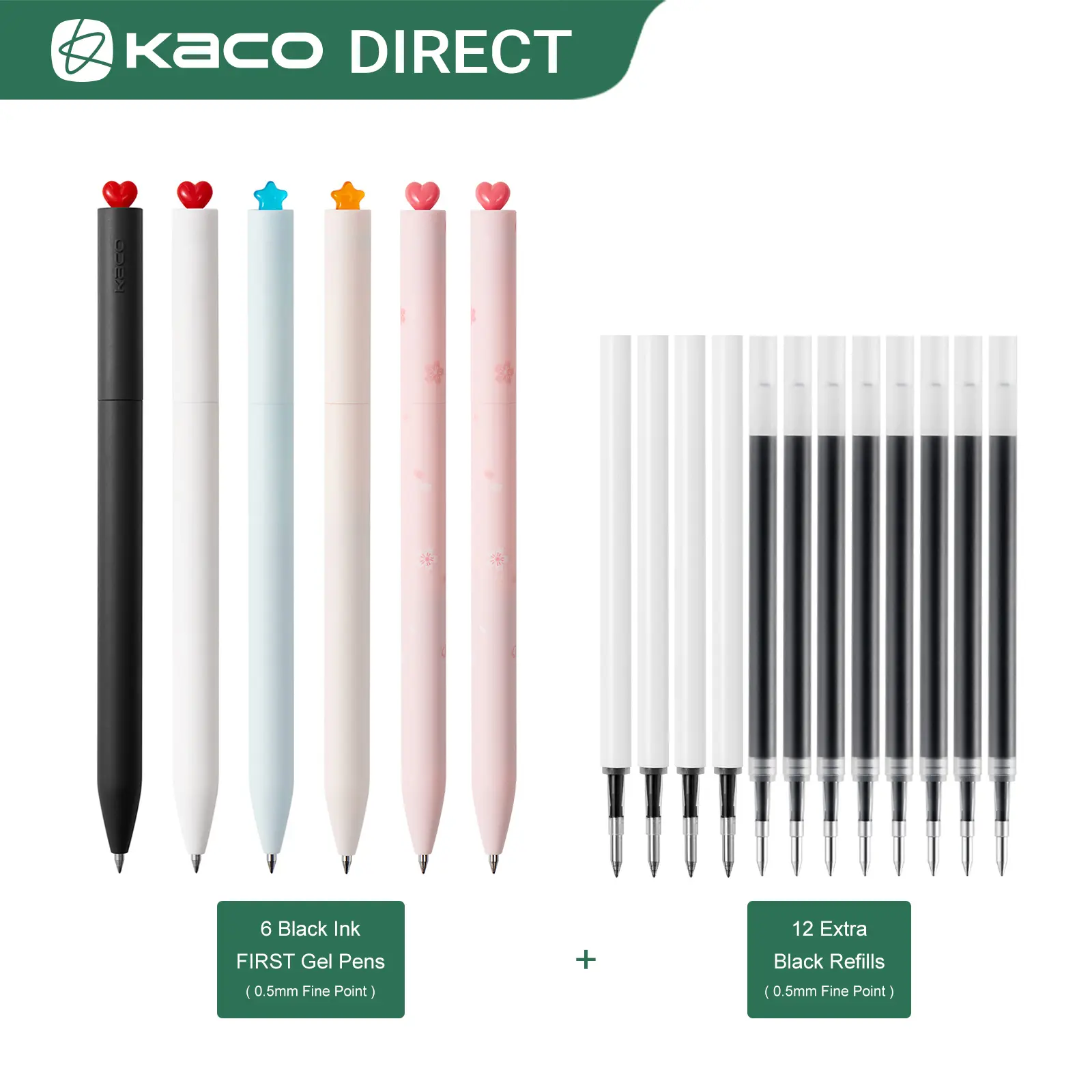 Kaco Refillable Gel Pens - 6-Piece Unisex Set with 12 Extra Refills, Heart-Design, Assorted Colors, Quick-Drying, No Bleed/Smudging, Soft Grip, Twistable Fine Tip, Lightweight ABS Material, Ideal for Note-Taking, Office Stationery Gifts