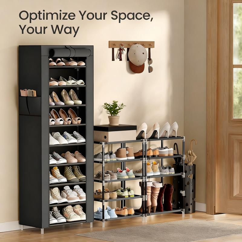 10 Tier Shoe Rack 9 Grids with Dustproof Cover, Adjustable Standing Shelf, Large Capacity Storage Rack, Dustproof Stackable, Freestanding Shoes Organizer, Plastic Metal, Black, Easy Installation