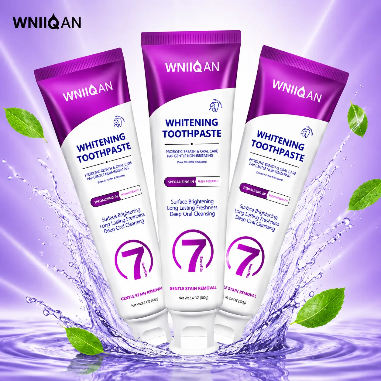 WNIIQAN Purple Whitening Toothpaste, Probiotic Breath & Oral Care, Gentle Stain Care, Deep Oral Cleaning, Long-Lasting Fresh Breath, Daily Oral Care Toothpaste, 3 Pack gentle care