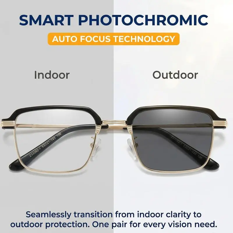 Unisex Reading Glasses with Photochromic TAC Lenses, HD Auto-Focus Black Gold Metal Frame with Anti-Blue Light & UV Protection for Indoor Outdoor Use, Black Gold Frame, Metal Frame Eyeglasses