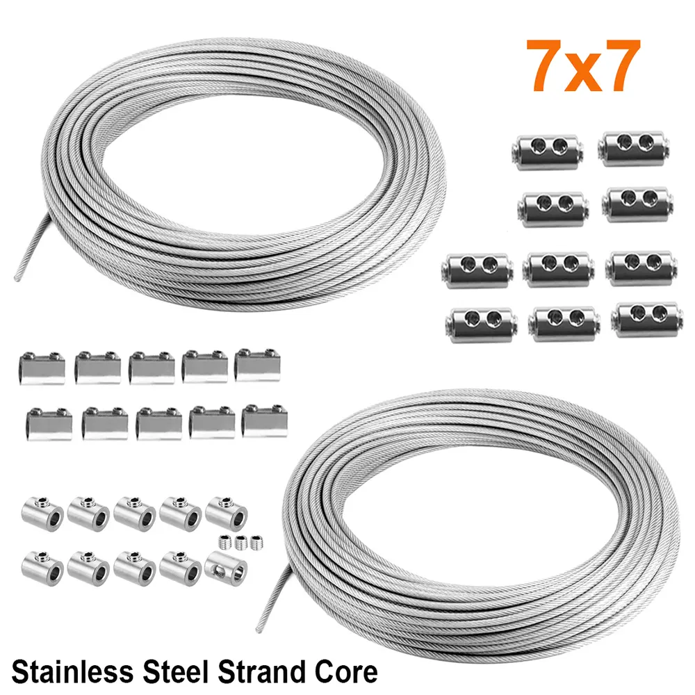 393.7inch Wire Rope 304 Stainless Steel Cable Aircraft Cable 1.2/1.5/2.0mm Wire Rope With Buckle Clip 7x7 Stainless Steel Strand Core And Double Barrel Ferrule Perfect For Outdoor Hanging, Clothes Line Wires, Garden Fence Tarnish Free Rope Tension Rope St