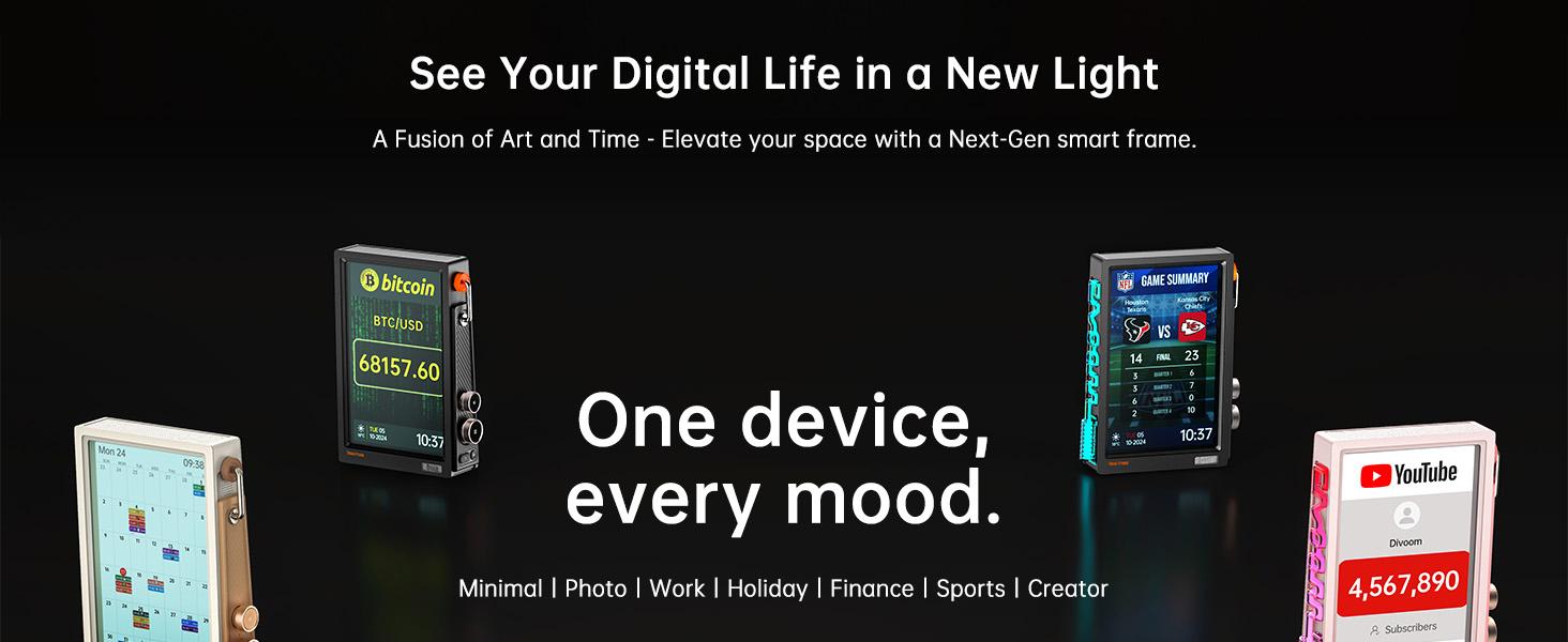 Divoom Times Frame-10.1" Digital Picture Frame Transparent IPS Desktop ornaments Smart Linux OS with RGB Light WiFi 64GB 400+Clock Faces Gift Mode Pixel Art Community Personalized Display