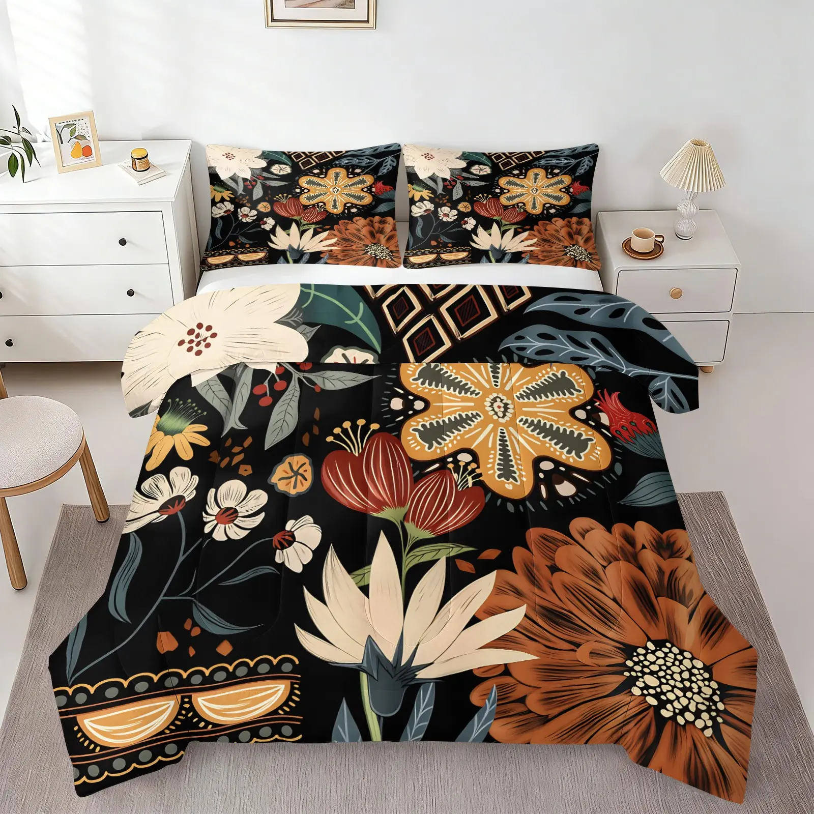 Boho Style Vintage Floral Quilted Comforter Set, Warm Microfiber Bedding, Includes 1 Quilt and 1-2 Pillowcase, Bold Ethnic Flower Print Bed Linen, Stylish All Season Bedroom Decor for Cozy Home, Bohemian Quilt Set, Quilted Bedspread Set, Comfy Bedding Set