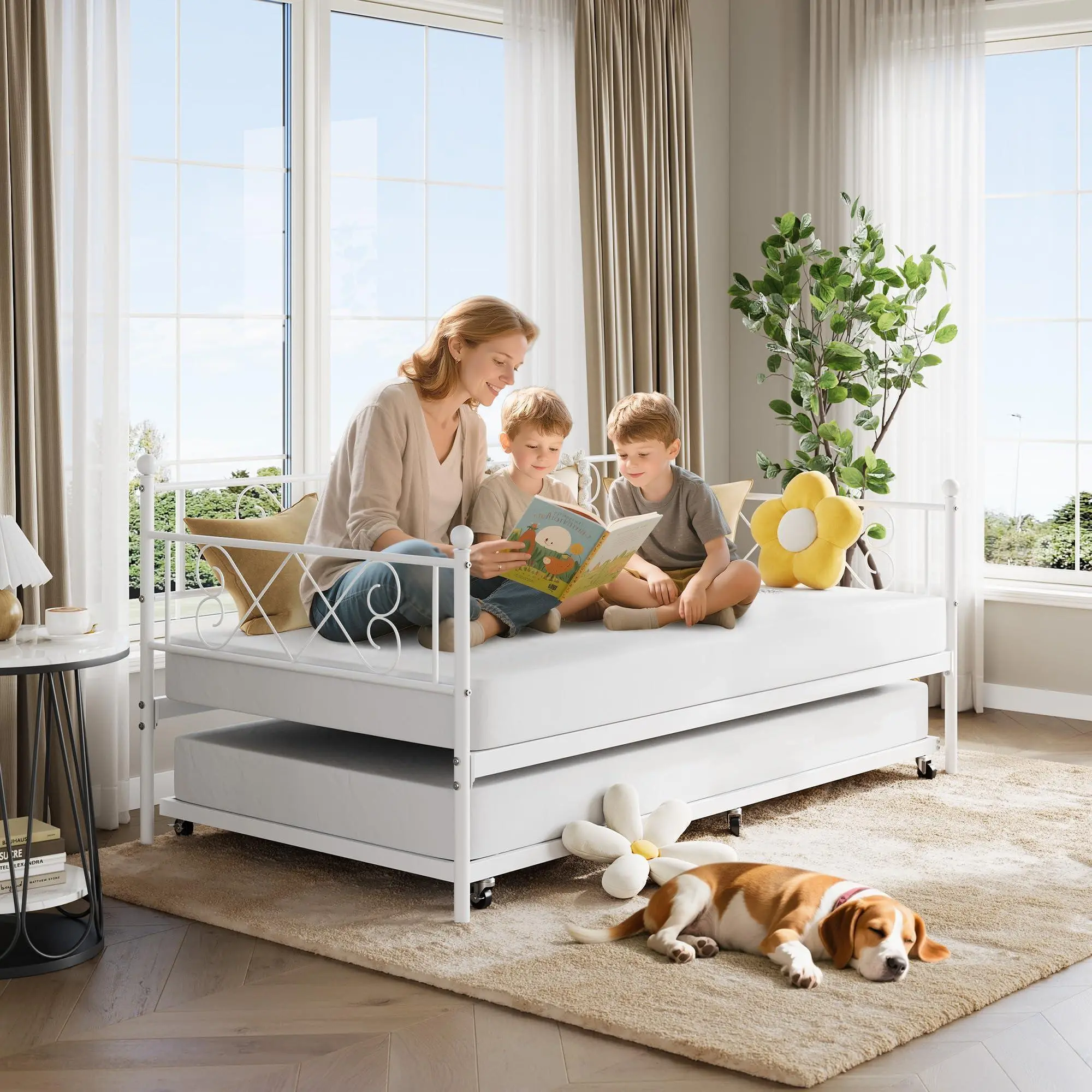 Twin Metal Daybed Without Trundle, Premium Steel Slat Support, Space Saving Trundle Sofa Bed for Living Room, Bedroom and Guest Room, White