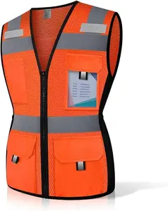 Womens Safety Vest with 11 Pockets and Zipper, Snug-Fit High Visibility Reflective Vest, Neon Safety Vest for Women Contractors/Surveyors/Workers, Durable, ANSI Compliant, (U-Orange, XS)