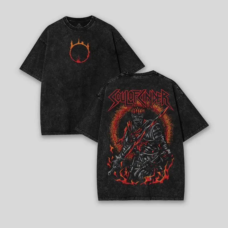 Men's Souls of Cinder Graphic Tee, Vintage Washed Dark Souls Seamless T-Shirt, Limited Pop-Culture Gift for Game Fans, Round Neck, Short, Distressed, Fitted Cut, Graphic Print, Washed Vintage Pattern Adds Character, Festive, Sportswear