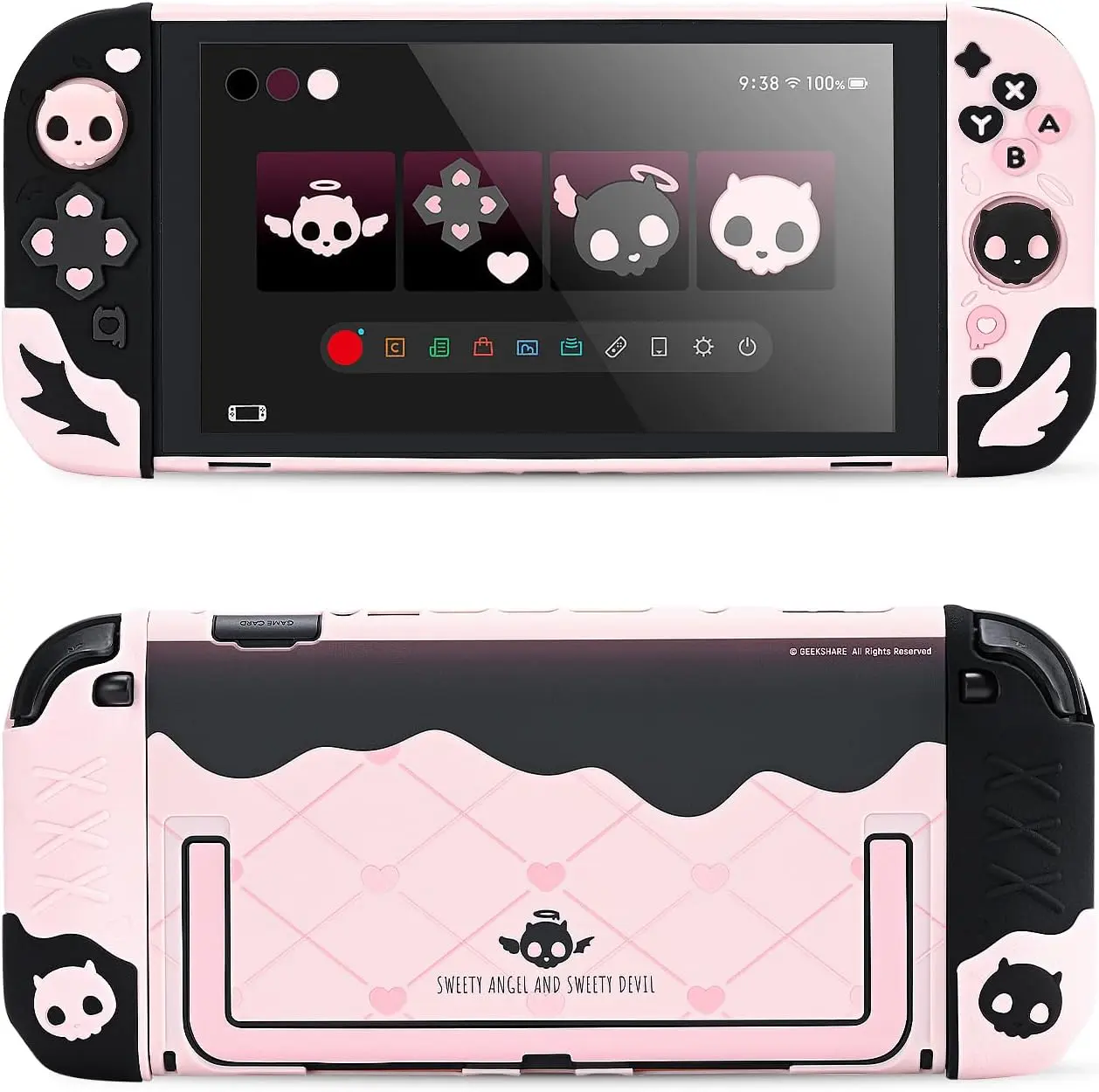 Geekshare Protective Case Set for Switch 2 Console, PC Back Plate with Silicone Dual Joystick Covers, 2 Thumb Grips, Waterproof Accessories - Sweetheart Skull (Black & Pink)