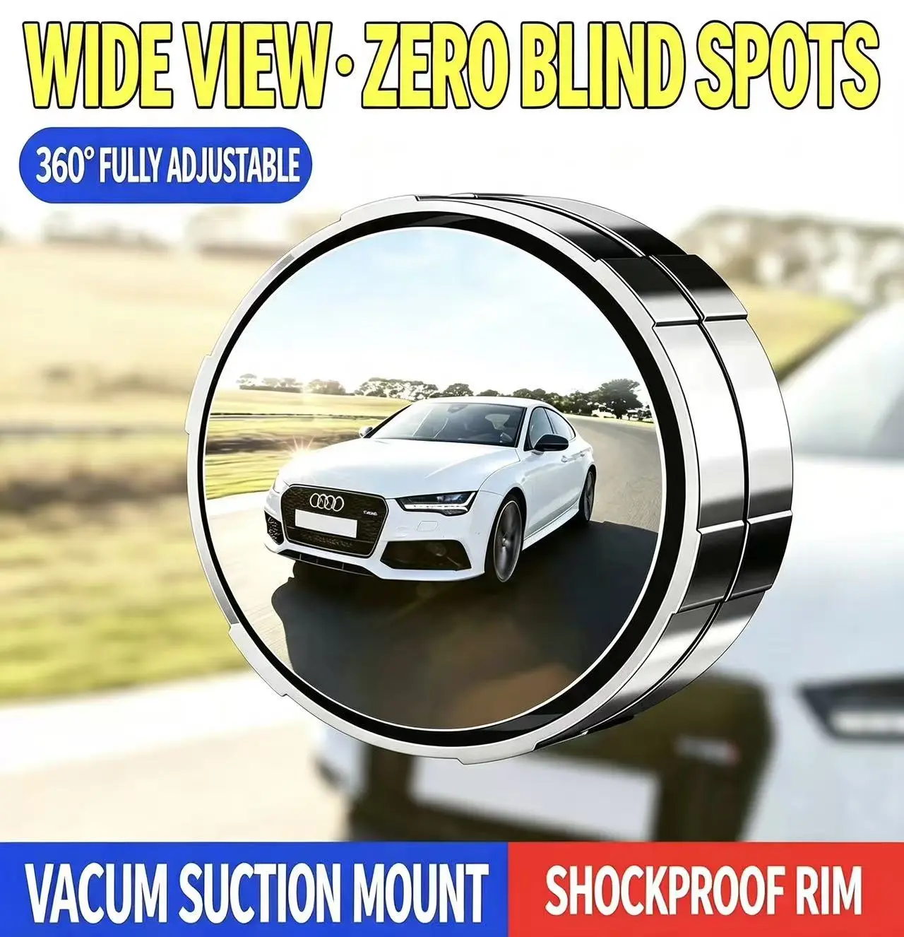2PCS 360° Adjustable Blind Spot Mirror, HD Convex Wide Angle Car Side Mirror Auxiliary Rear View Mirror, Vacuum Suction No Residue Installation, Frame Safety Driving Mirror Accessories for Car, SUV, Truck, Silver Black