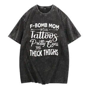 F-Bomb Mom Graphic Vintage washed cotton T-shirt - "With Tattoos Pretty Eyes and Thick Thighs" Design, Casual Crew Neck Short Sleeve T-Shirt