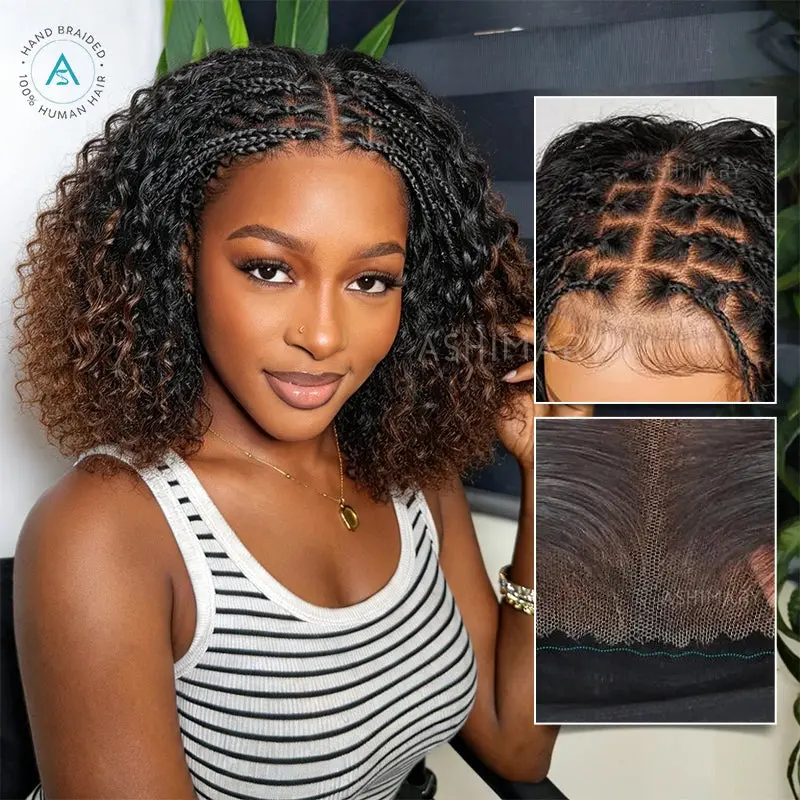 Boho Braids Ombre Brown Water Wave Wig 6x4.5 Closure Lace Braided Top Glueless Pre-Styled Human Hair