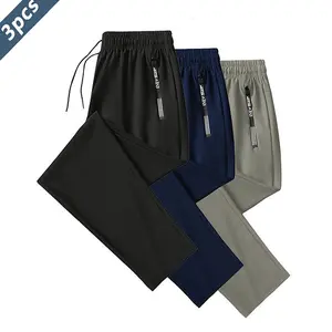 3Pcs Ice Silk Sports Pants Drawstring Elastic Design with Zippered Pockets Thin High-Elastic Quick-Dry Fitness Trousers Skin-Friendly Smooth Soft Fabric Suitable for Indoor Sports Summer Outdoor Sports Breathable Activewear Bottoms