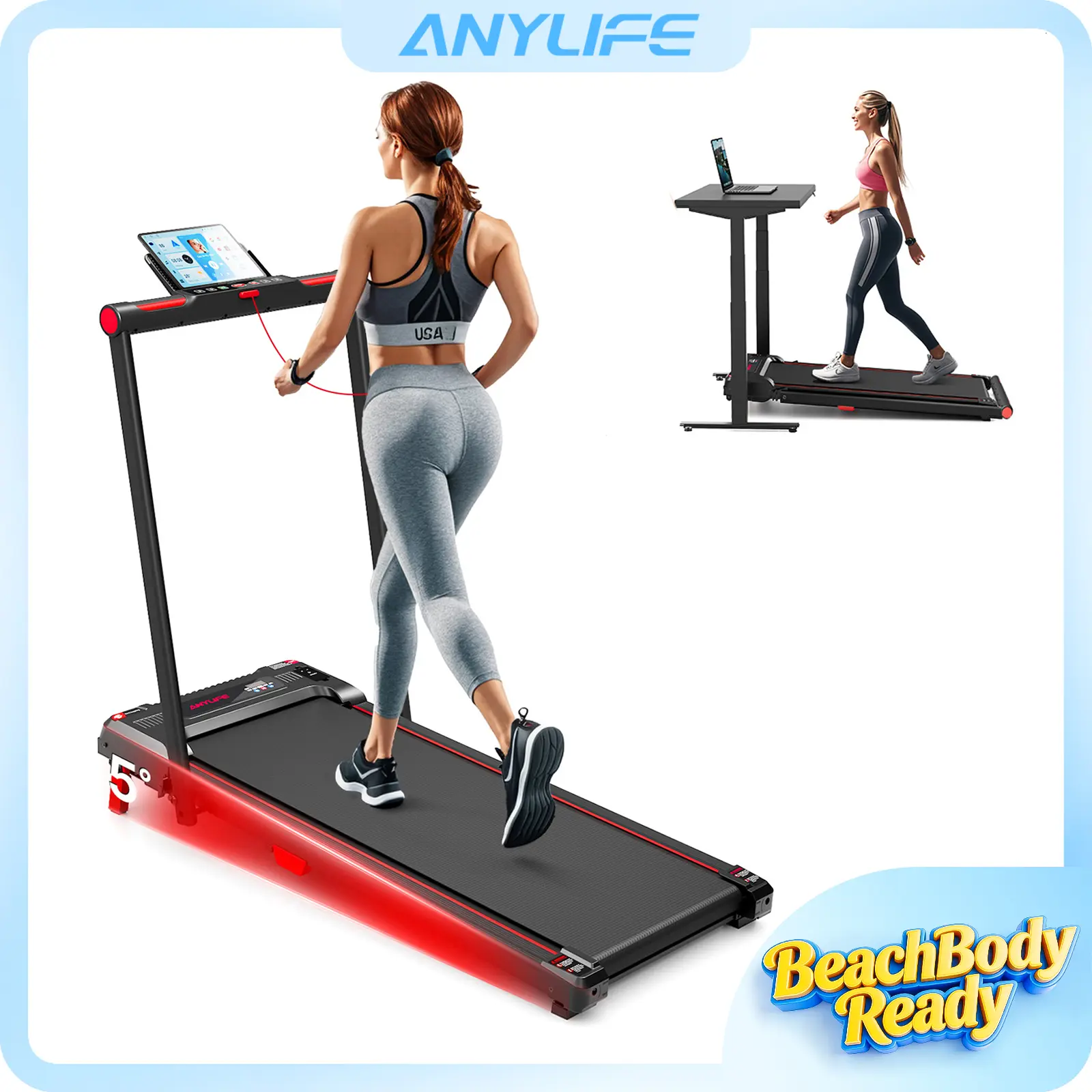 ANYLIFE Foldable Home Gym Treadmill - 2-in-1 Under Desk Incline Walking Treadmill, 2.5HP Quiet Motorized Steel Frame Model, 330 lbs Capacity, LED Display, Home Fitness Equipment, Motorized Treadmill