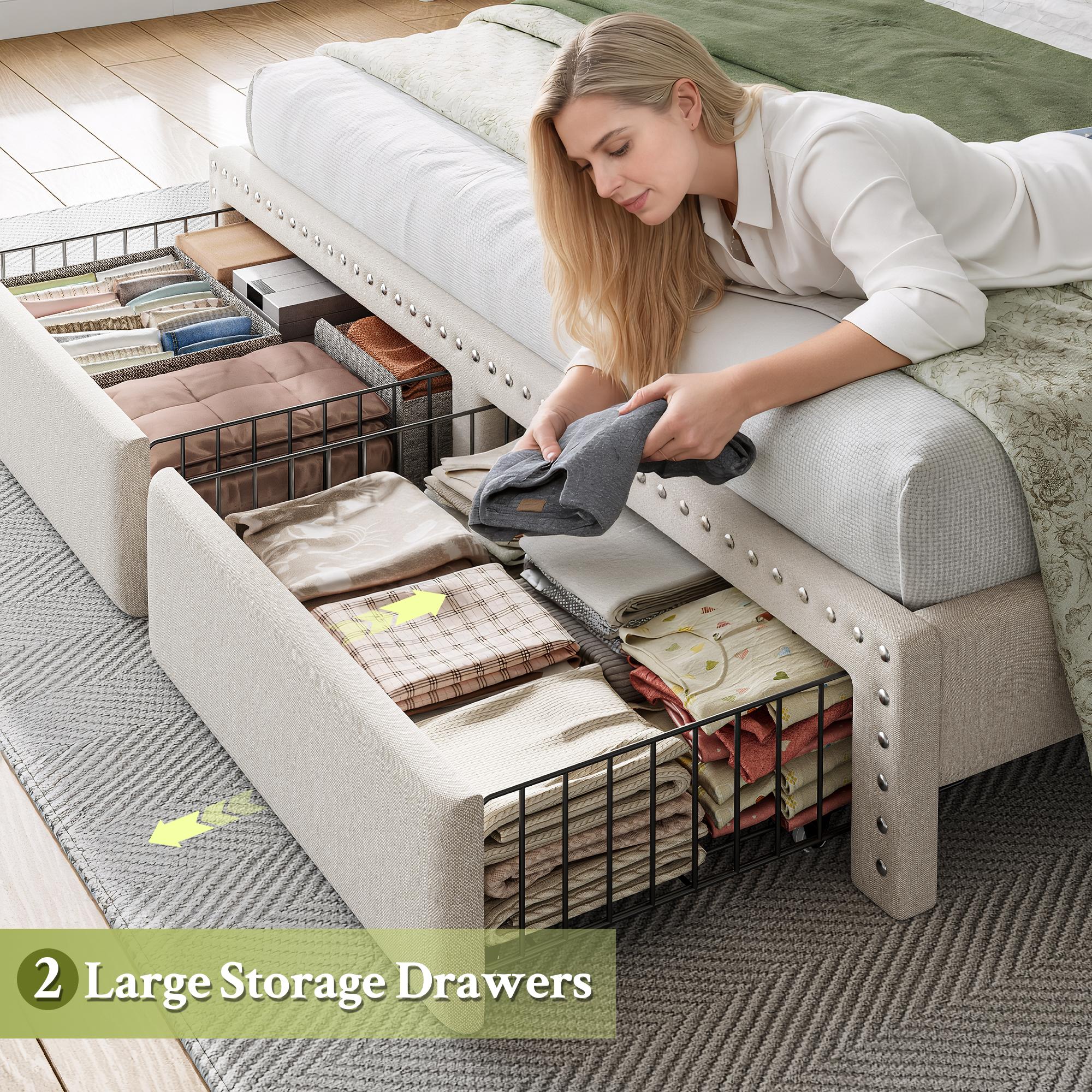 RaybeeFurniture Bed frame Queen Size, NO MATTRESS, King Bed Frame with Headboard&Storage, 2 Drawers, Upholstered Bed Frame with Storage and Headboard, NO Noise,No Box Spring Needed