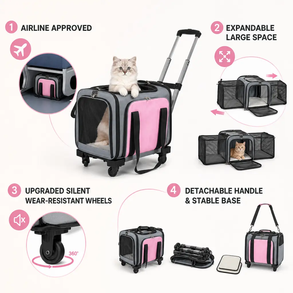 Rolling Cat Carrier Airline Approved, Expandable Pet Travel Carrier with Wheels & Removable Pole Platform, Upgraded Wheeled Carrier for Large Dogs and Cats