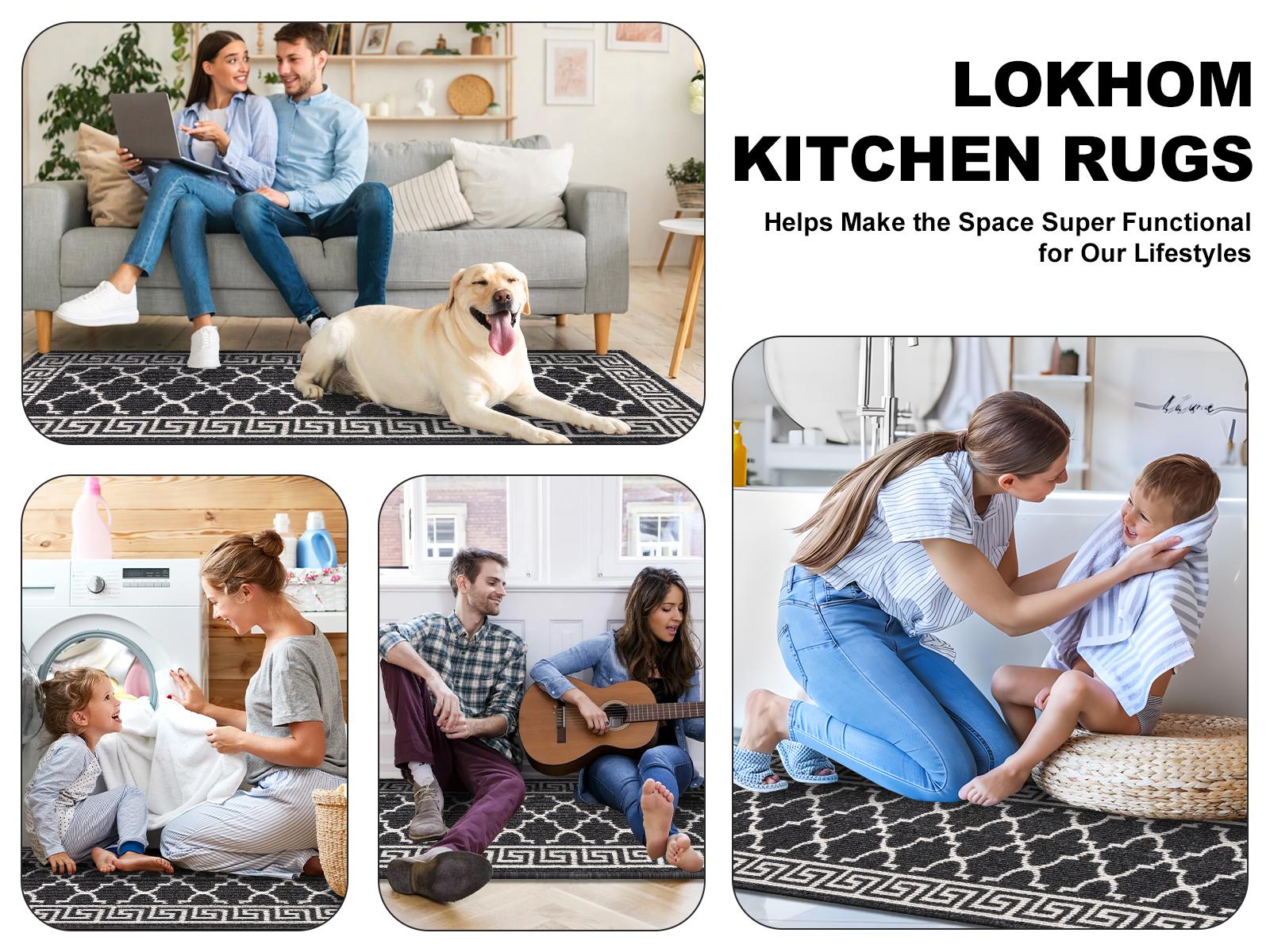LOKHOM Geometric Kitchen Rug Set of 3 Non-Slip Mats 50x80cm 50x120cm 50x150cm Washable for Indoor Use in Kitchen Laundry Hallway Entryway