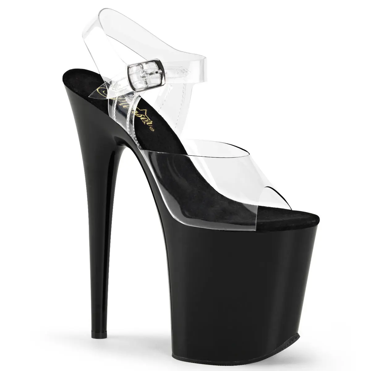 Pleaser Women's Flamingo-808 Elegant Stiletto Sandals, 8-in High Heels with a 4-in Platform and Transparent Ankle Strap