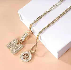 2 Pack Initial Letter Necklace 14k Gold Plated Bling Dainty Necklaces Trendy Chunky Custom Name Necklace Personalized Round Circle Pendant Zirconia Letters Name Mother's Day Anniversary Jewelry Set Gifts for Mom Gifts for Daughter