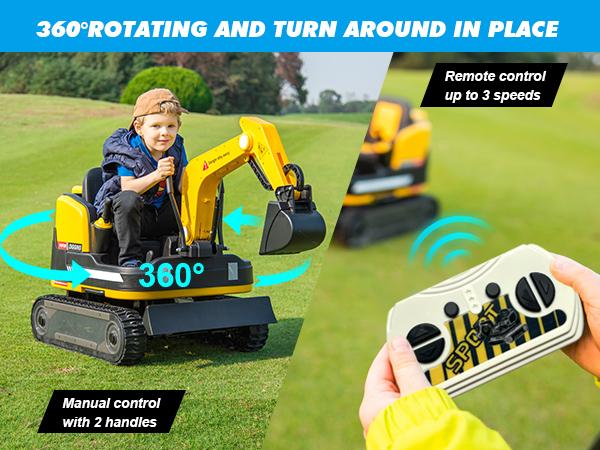 360-Degree Rotating Ride-On Excavator and Bulldozer with Track Design Wheels for All-Terrain Play Remote Control MP3 Toolbox for Kids and Parents Interactive Construction Toy