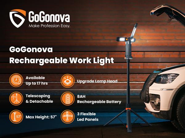 [3 OFF] GoGonova 3in1 Cordless Work Light with Hanging, Magnetic Attachment, Standing, Tri-Combination , 8AH Battery, 700/1200/2200 Lumen, 4000K/6500K Dimmable with Detachable Tripod for Outdoor work, Emergency, Camping, Fishing, Garag