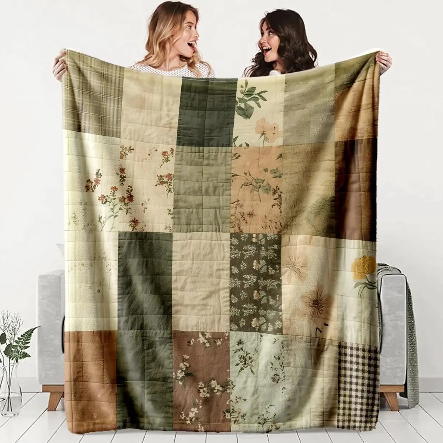 Vintage Patchwork Floral Flannel Blanket, Soft Lightweight Warm, Perfect for Bed Sofa Office Camping Travel, Ideal Gift, Soft And Lightweight summerwins