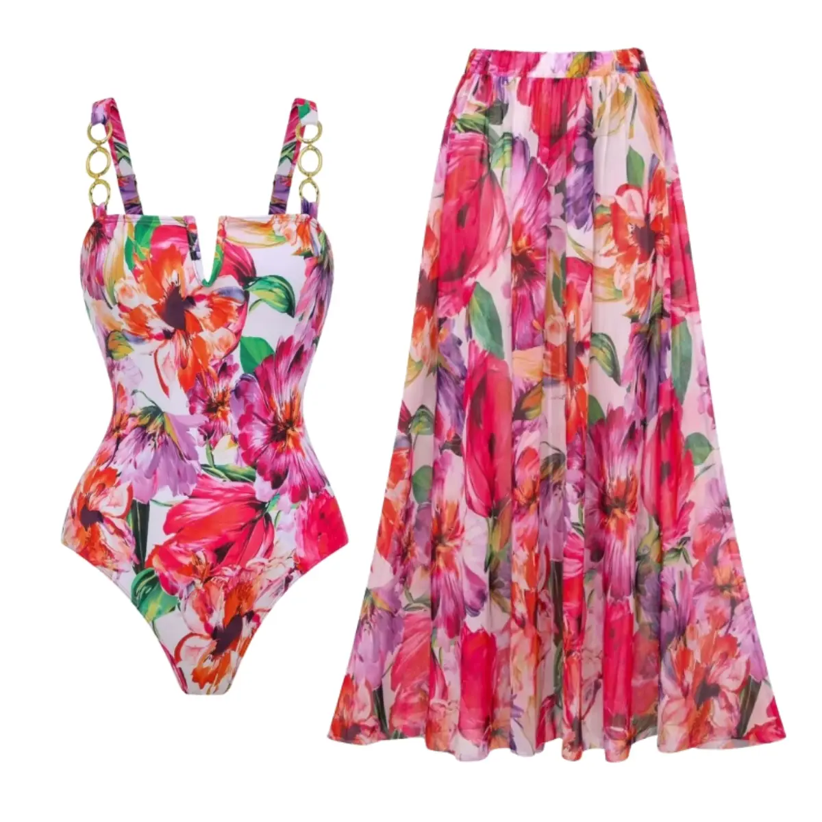 FLAXMAKER Women's Floral Print One Piece Swimsuit and Matching Cover Skirt Set Swimdress Stylish Beachwear Bathing Suit SpringStatements Swimoutfit #Summervibes outdoorfun #SwimWeek tiktokshopbacktoschool
