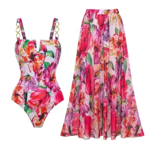 FLAXMAKER Women's Floral Print One Piece Swimsuit and Matching Cover Skirt Set Swimdress Stylish Beachwear Bathing Suit SpringStatements Swimoutfit