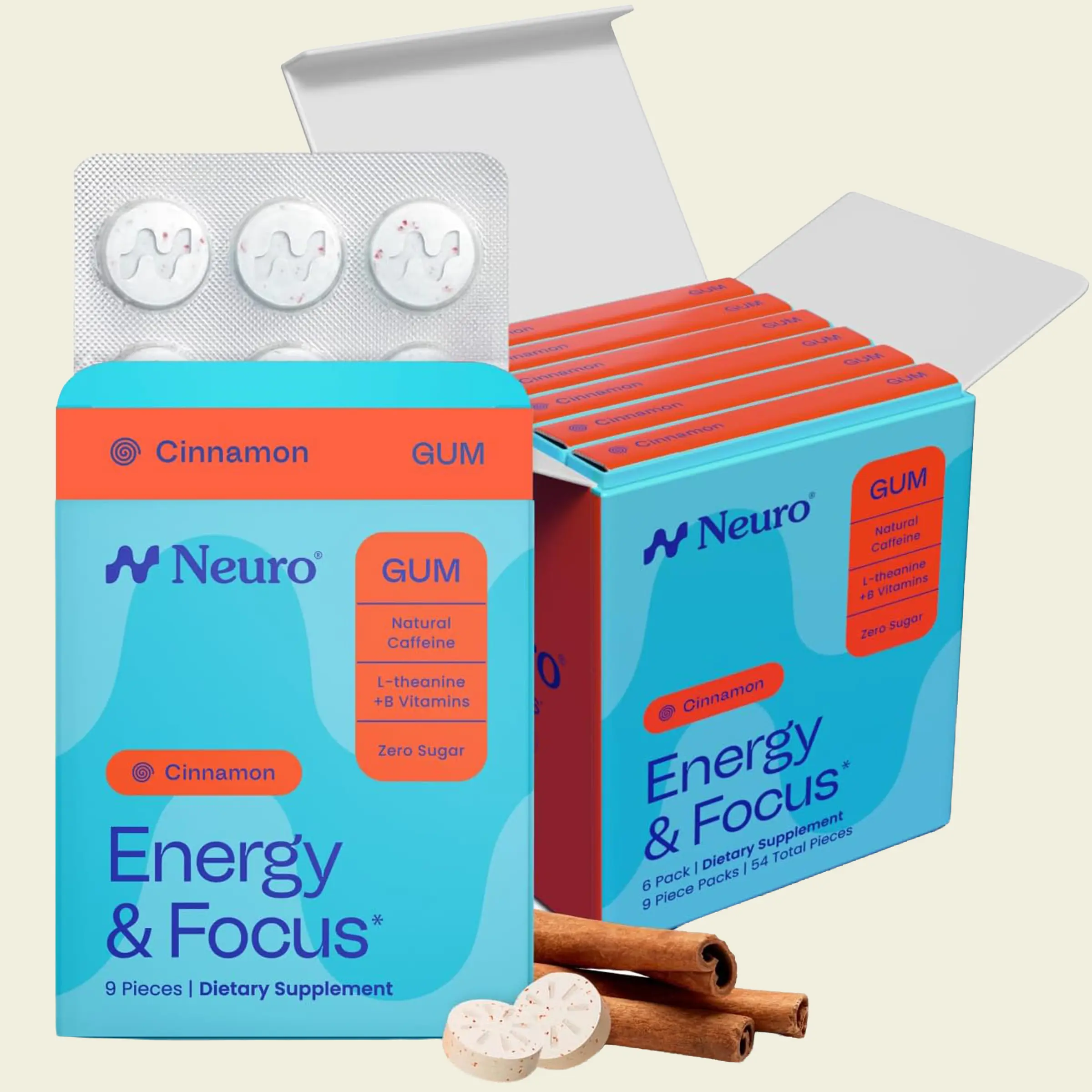 Neuro Cinnamon Energy & Focus Gum - Sugar Free with Natural Caffeine, L-theanine, Vitamin B12 & Vitamin B6