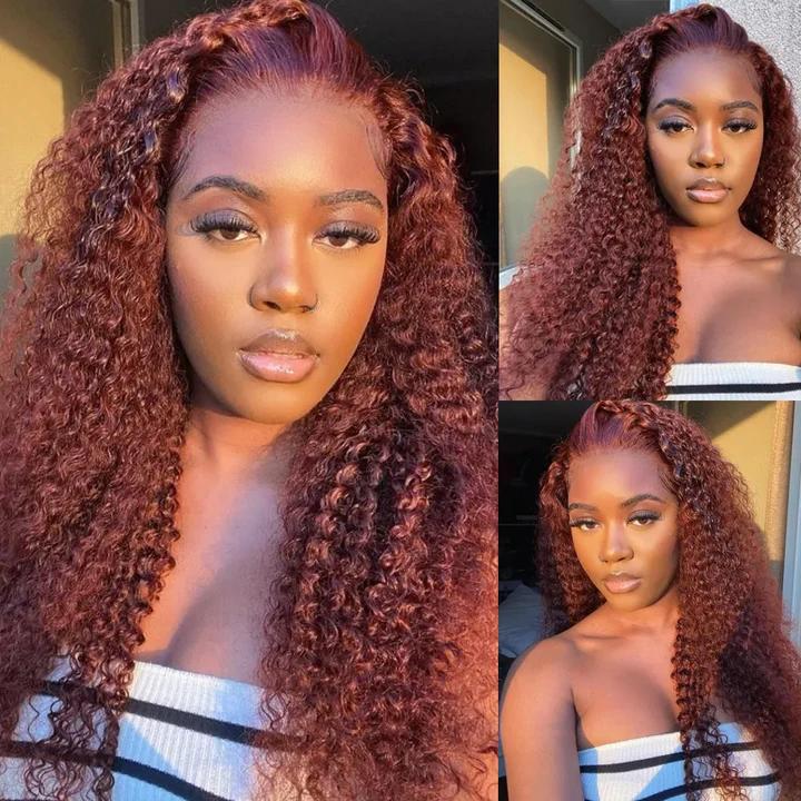 Pizazz Hair #33 Reddish Brown Curly Glueless Wig Pre-plucked 8x5 Pre Cut HD Lace Wig Quick & Easy Install