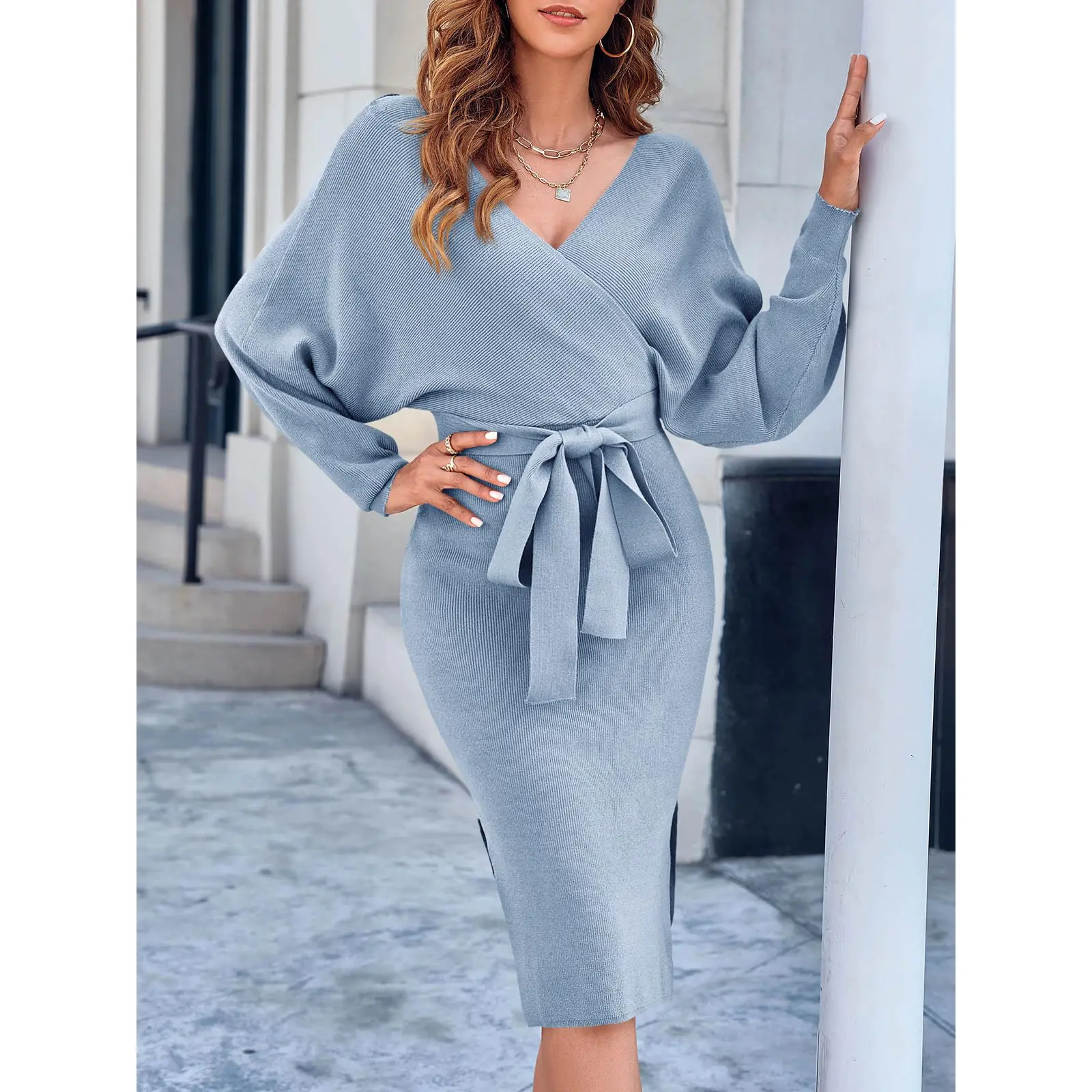 Wenrine Women's Long Maxi Sweater Dresses Sexy Wrap Batwing V Neck Slit  Open Back Holiday Bodycon Dress with Belt - TikTok Shop