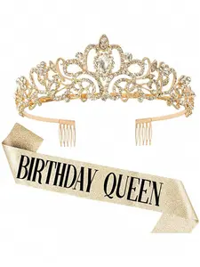 Bling Rhinestone Crystal Crown Tiara Birthday Queen Sash And Crown For Women Birthday Party Decoration Kit Queen Glitter Crystal Hair Accessories,Christmas