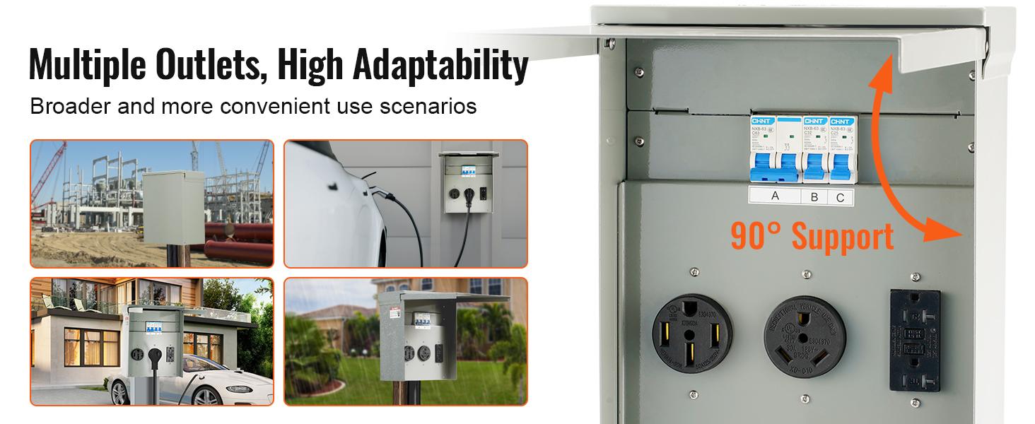 VEVOR Temporary Power Outlet Panel, TikTokShopBlackFriday, 125/250V, RV Power Outlet Box with a 20/30/50 Amp Receptacle Installed, NEMA 14-50R / NEMA TT-30R / 15A GFCI for RV Camper Trailer Motorhome, Tested to UL Standards VEVOR Temporary Power Outlet Panel, TikTokShopBlackFriday, 125/250V, RV Power Outlet Box with a 20/30/50 Amp Receptacle Installed, NEMA 14-50R / NEMA TT-30R / 15A GFCI for RV Camper Trailer Motorhome, Tested to UL Standards