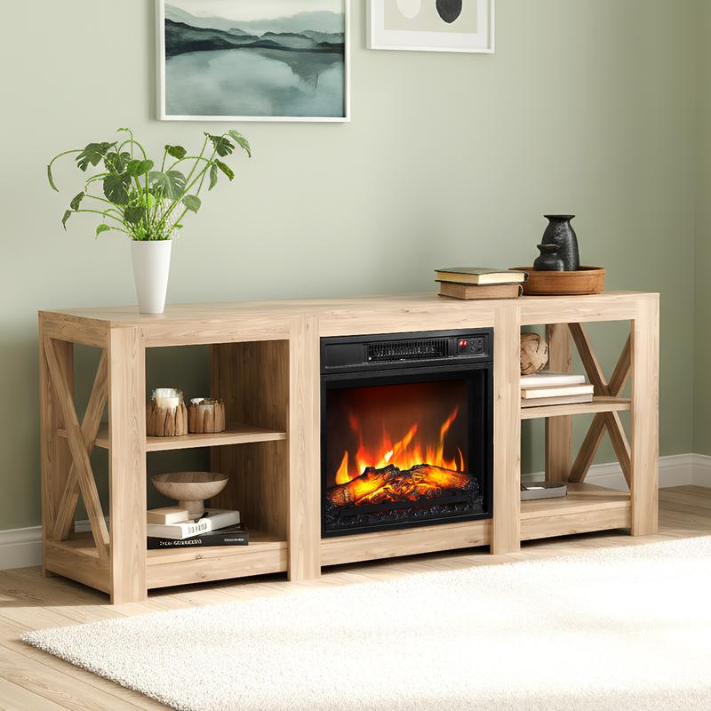 Fireplace Media Console Table for Living Room, Fireplace TV Stand for up to 70'' TVs, Modern Entertainment Center with 18'' Electric Fireplace Heater