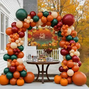 Autumn Balloon Garland Arch Set with Green Maroon Sand White Orange Balloons, Leaves Backdrop