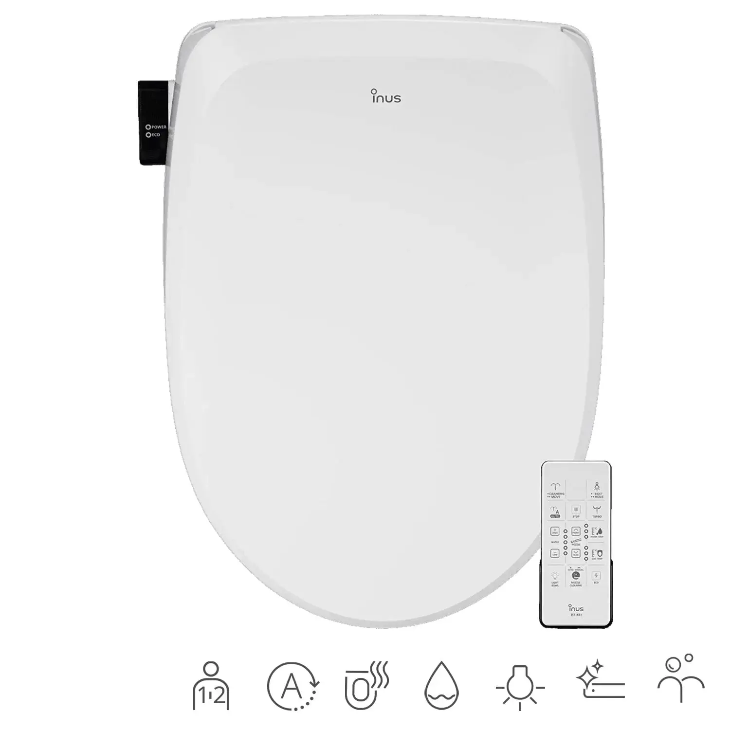 Inus R31 Electric Heated Bidet Toilet Seat with Remote Control, Night Light, Self-Cleaning Nozzle, Tankless & Temperature Control, Warm Water