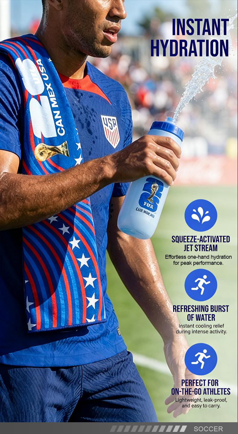 【FIFA WORLD CUP 2026 】This squeeze bottle and sports towel set is reusable and easy to clean. Portable and suitable for outdoor activities, fitness, and cycling, it makes a perfect gift for family, elders, friends, and loved ones.