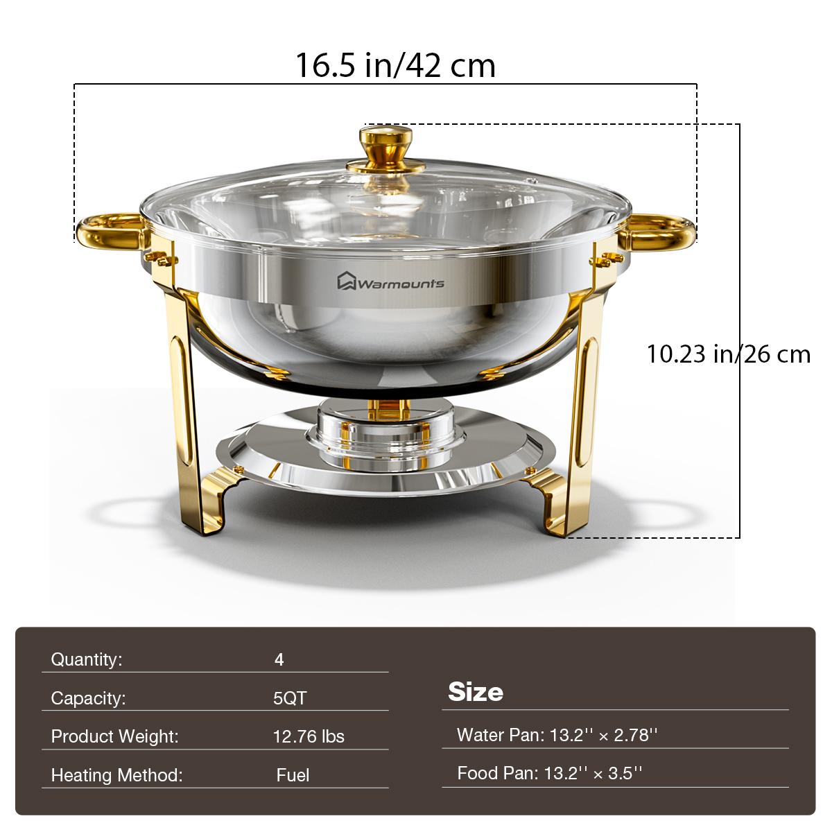 WARMOUNTS 5QT Gold Chafing Dishes for Buffet with Glass Lid , Round Chafers and Buffet Warmers Set with Mirror-Polished Stainless Steel, Rolled Rim, Stackable, Lid Holder for Parties, Weddings (2/4/6 Pack）
