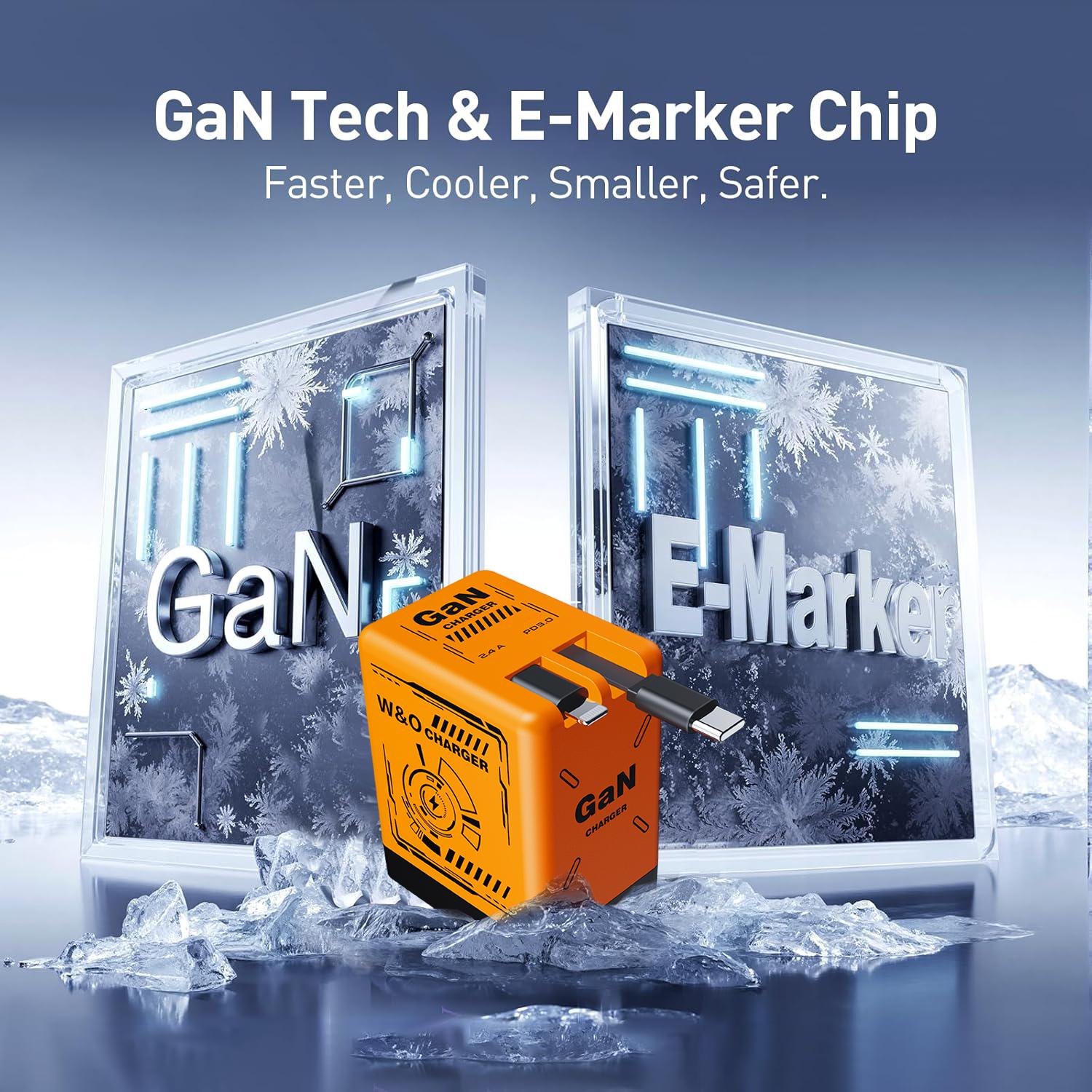 W&O Retractable Travel Charger with Dual Cables GaN Fast Charging Wall Plug for iPhone Galaxy Android Series with Type-C & Lightning Cables W&O Retractable Travel Charger with Dual Cables GaN Fast Charging Wall Plug for iPhone Galaxy Android Series with Type-C & Lightning Cables