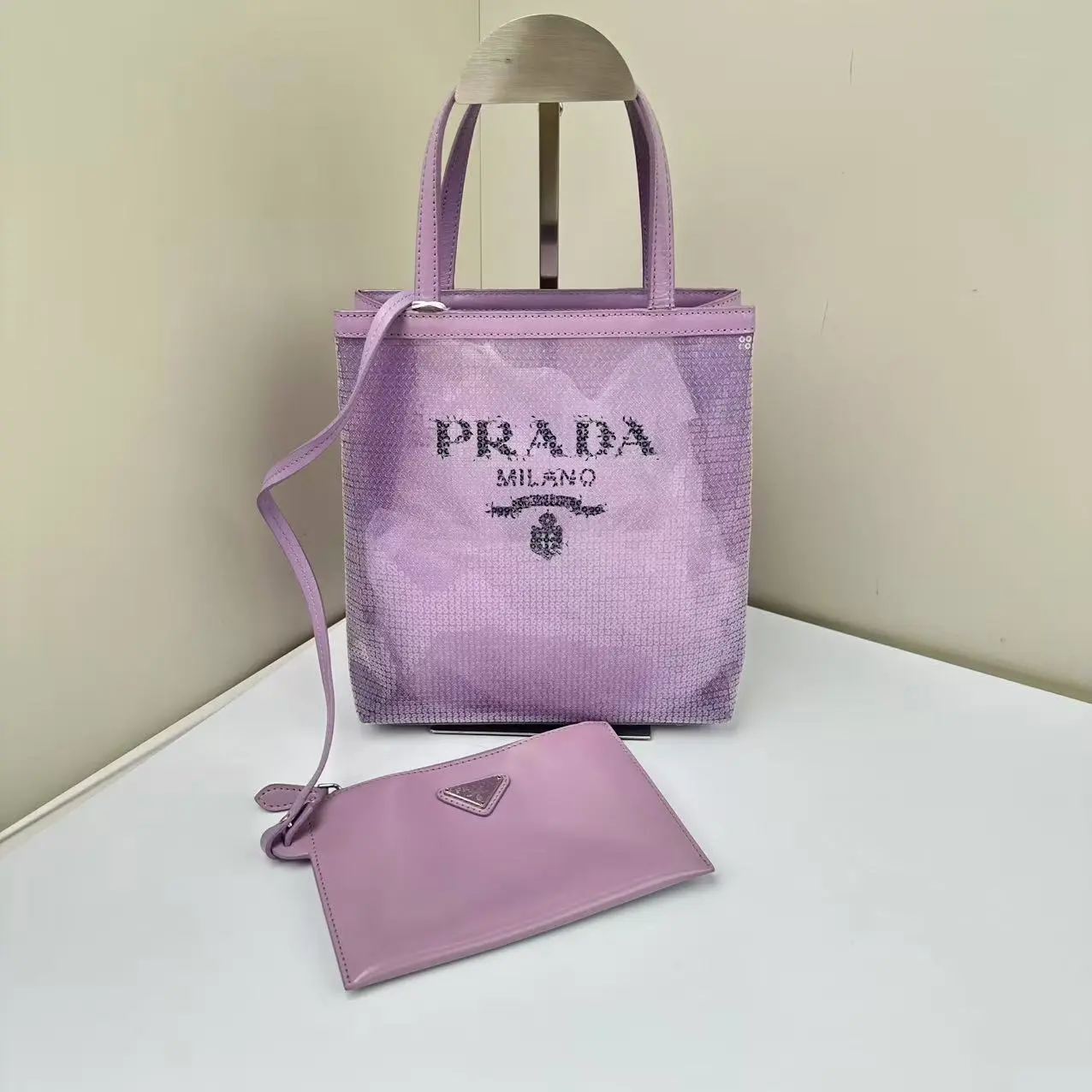 Pre-owned PRADA Mesh Tote Bags Logo Print Sequined Purple CPU0721