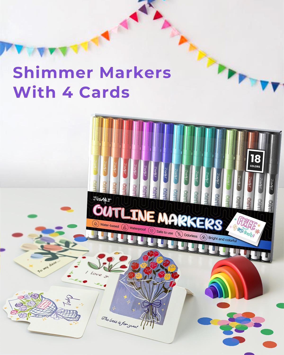 JusArt Outline Sparkle Markers, 12/18 Metallic Shimmer Pens for Adult Coloring, Cool Fun Drawing Supplies for Valentines Day, Easter, Christmas, Halloween JusArt Outline Sparkle Markers, 12/18 Metallic Shimmer Pens for Adult Coloring, Cool Fun Drawing Supplies for Valentines Day, Easter, Christmas, Halloween