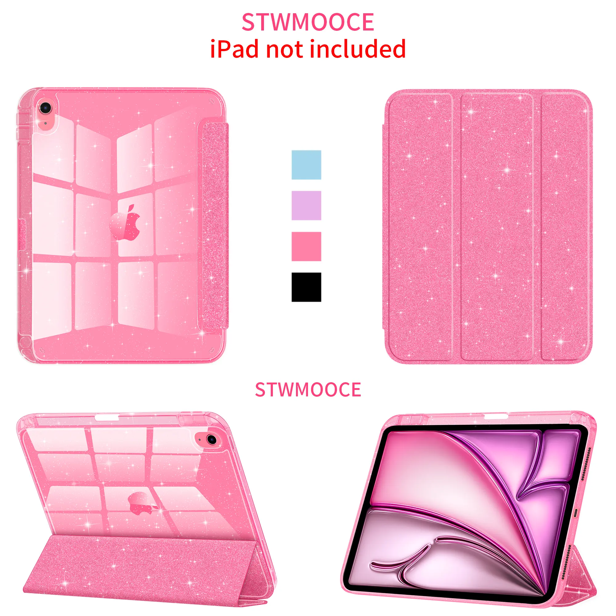 STWMOOCE Glitter Transparent iPad Case, Sparkly Crystal Clear Shell with PU Leather Magnetic Tri-Fold Cover for iPad 10.2 7/8/9th, iPad 10th/A16, iPad Air 4/5, iPad Air M2/M3/M4 11/13-inch, iPad Pro 11/13 M4/M5, iPad Pro 12.9 3-6th, Pink Protection Tablet