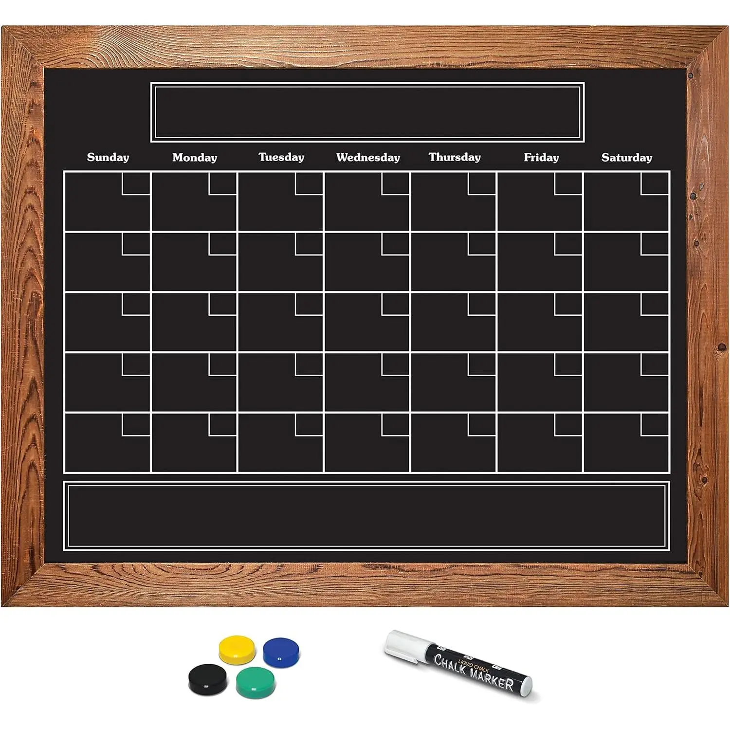 Wall Chalkboard Monthly Calendar, Large Wooden-Framed Chalkboard Calendar, 24" x 30", Wall Mount, with Chalk Marker &  (Rustic Brown)