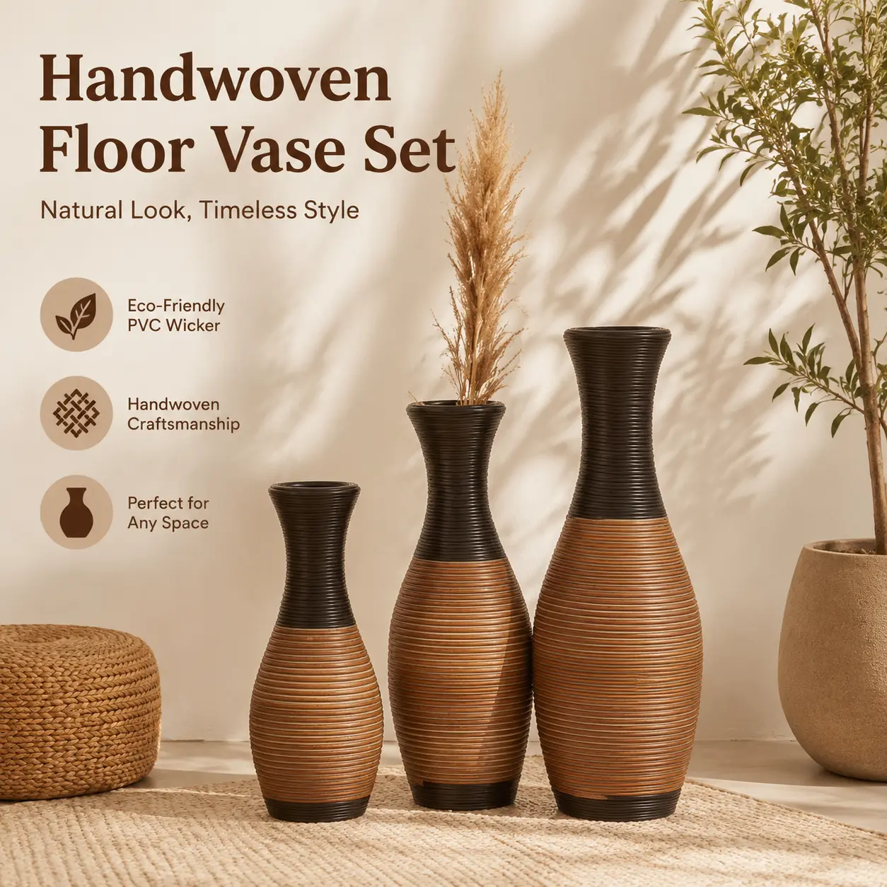littleox Hand-Woven PVC Rattan Vases Set of 3,GreyBrown and Beige Striped Floor Vases for Home Decor, 27.56 23.62 19.69 Inch Farmhouse Decorative Vases for Living Room, Entryway