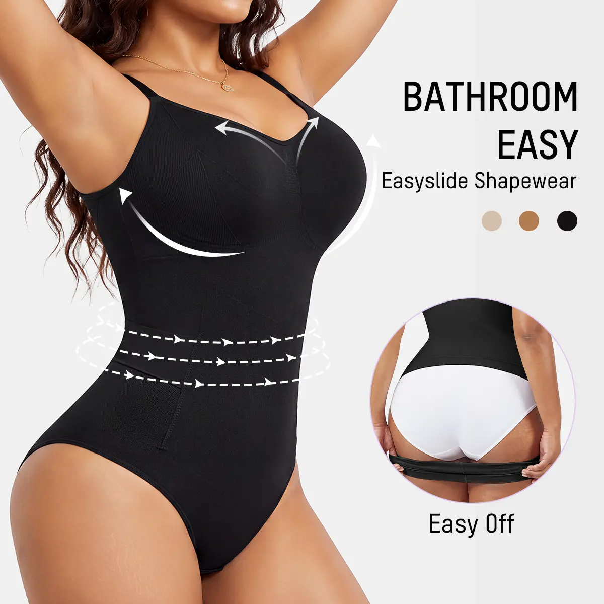 SHECURVE Easyslide High-Cut Bathroom Friendly Shapewear Bodysuit for Women Tummy Control & Butt Lift Faja Seamless Thong Shaper with Back Opening Design Deep V Wire-Free Bust Support & Breathable Fabric for Summertime & Back To School Outfits